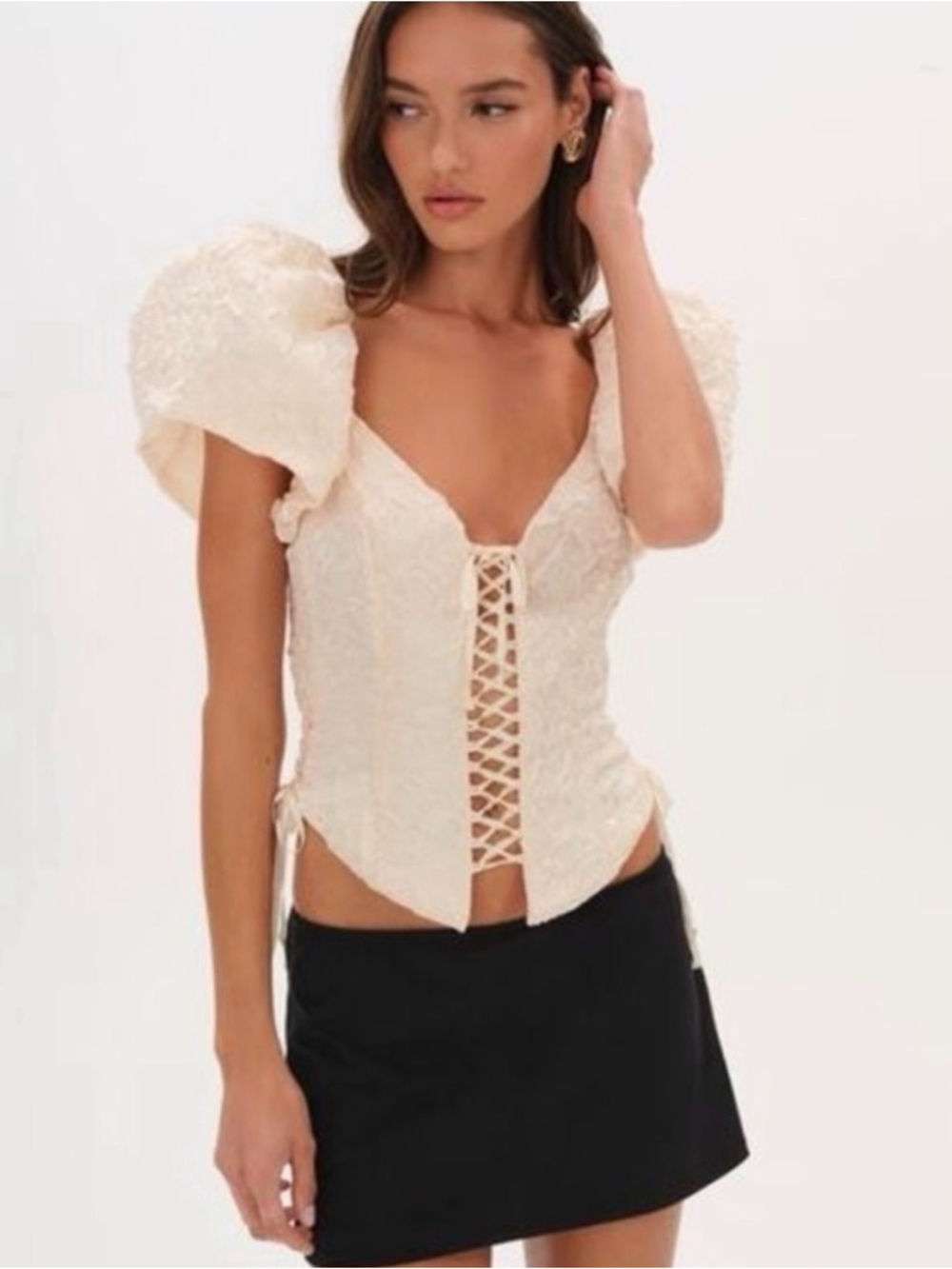For Love And Lemons Ivory Puff-Sleeve Lace-Up Camisole